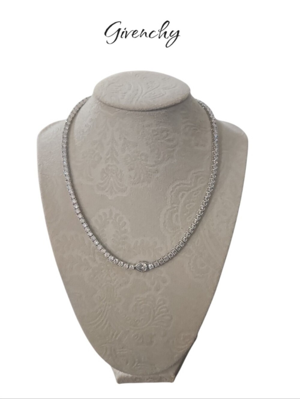 GIVENCHY Silver Tone Pear Cut CZ Tennis Collar Necklace 16" Bridal Sparkle NWT